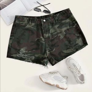 Camo Distressed Denim Shorts